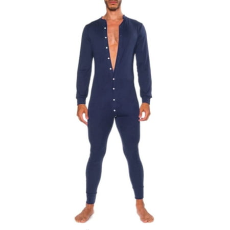 

Sunisery Men Solid Color Button Down Jumpsuit Round Collar Long Sleeve Flap Button Onesie Rompers Sleepwear Navy Blue S