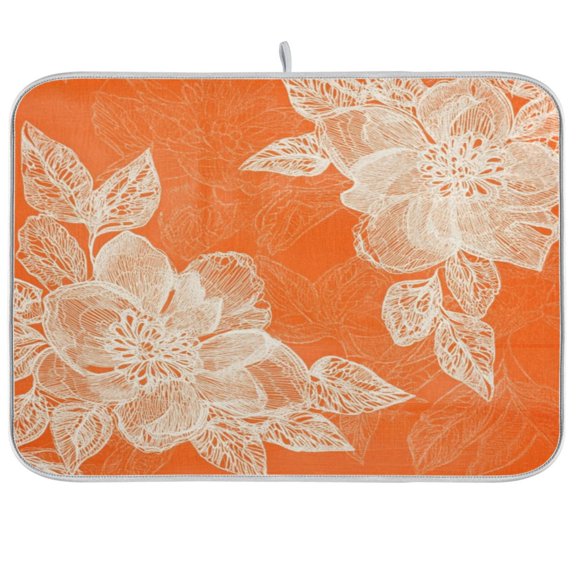 qxltty Peach Lace Pattern on Orange Background Kitchen Drying Mat Extremely Absorbent Microfiber Dish Mats for Plates Cutlery Pots and Pans 16×18in