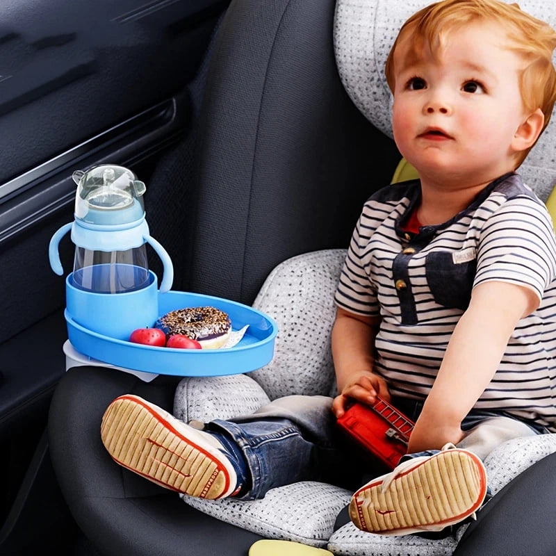 Car Seat Snack Tray: Travel Tray for Kids Carseat Cup Holder with Food Trays, Stroller Snacks Plate for Toddlers, Kid Road Trip Essentials, Blue