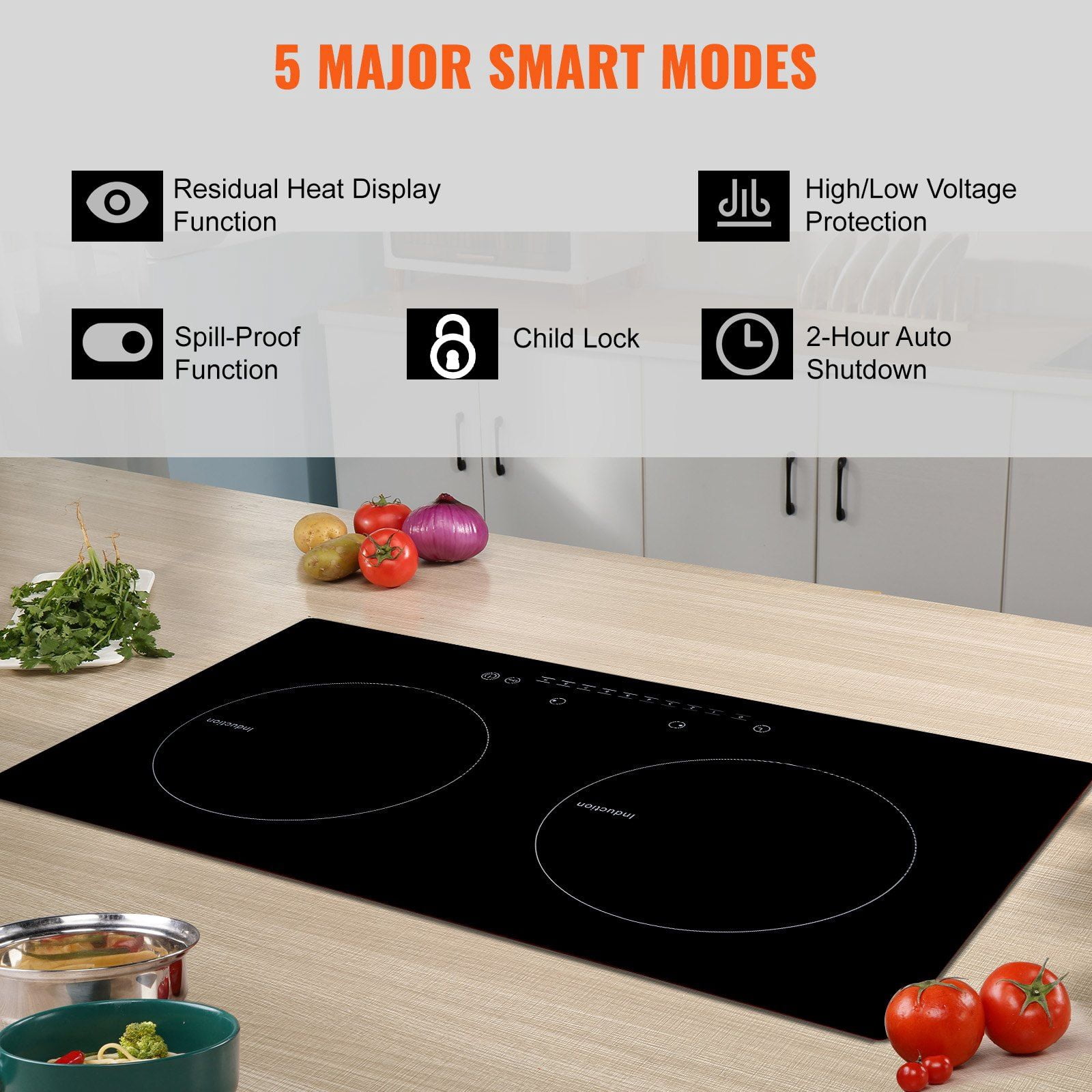 24 Inch 2 Burner Induction Cooktop Built In 1800W Magnetic Cooktop 9 Heating Levels LED Touch Screen Child Lock Over Temperature Protection