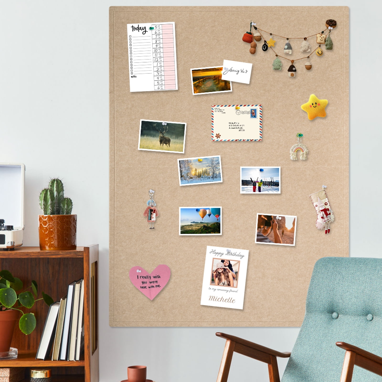60"x36" Beige Large Bulletin Board Decorative Foldable Felt Pin Board Square Felt Wall Tiles Photo Display Board for Wall Cork Boards DIY Vision Board with Self-Adhesive Tape Home School Office Decor