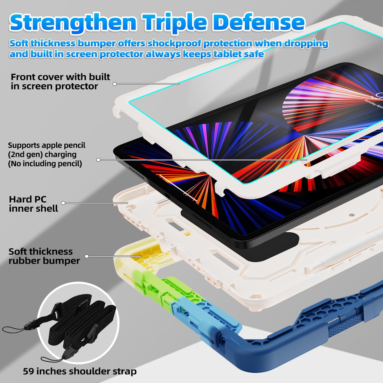 ROISKIN for iPad Pro 12.9 inch Case (6th/5th/4th/3rd generation)with Screen Protector for Kids, 360 Kickstand,Handle, Pencil Holder,Shoulder Strap Heavy Duty Rugged 12.9 iPad Case