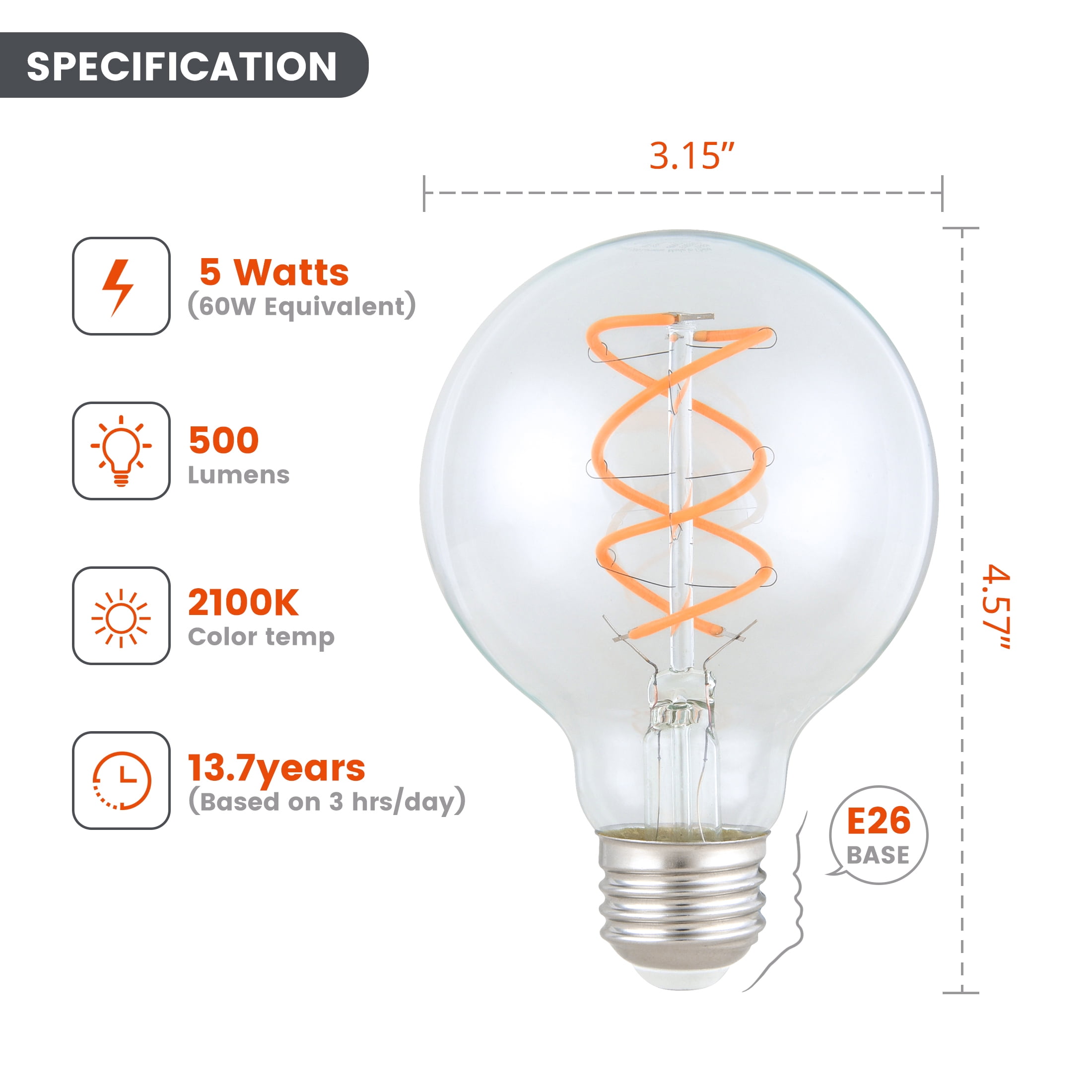 BHG LED Bulb, 5-Watt (60W Equivalent) G25 Vintage Style, E26 Base, Dimmable, Soft White, 2-Pack