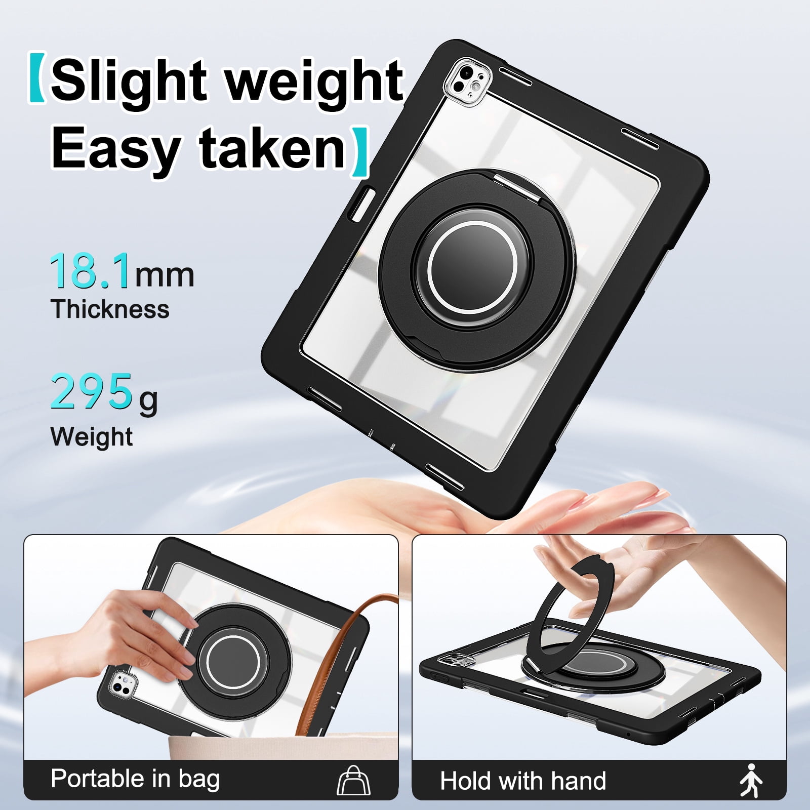 XYX Shockproof Tablet Case for iPad Pro 13 inch M4 2024 (7th Gen) with 360 Rotating Stand, Slim Lightweight with Pencil Holder, Black