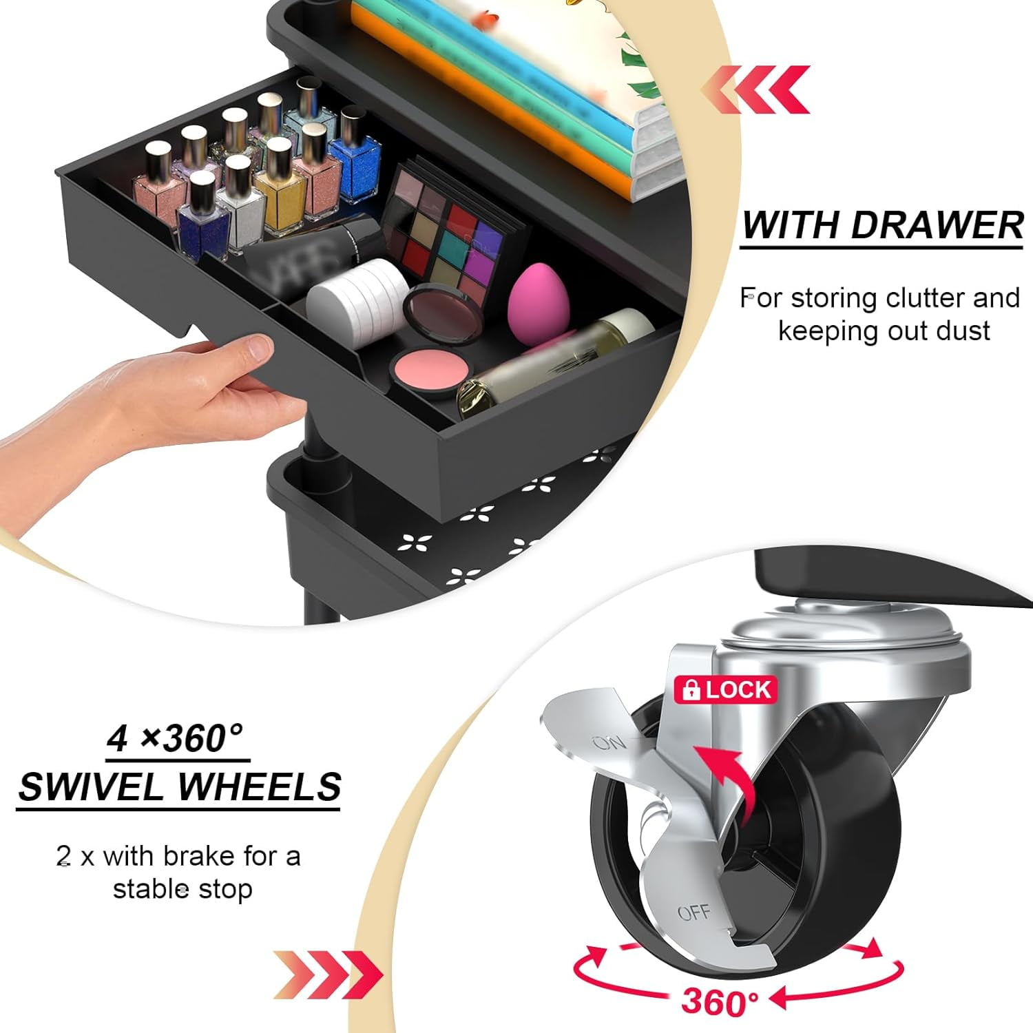 3 Tier Rolling Utility Cart Organizer with Removable Drawer, Stable and Sturdy Black Rolling Storage Carts with 2 Lockable Wheels for Bathroom, Kitchen, Snack, Craft, Makeup