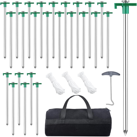 24 Pack Tent Stakes Heavy Duty, 9.8 Inch Camping Stakes, Non-Rust Metal Tent Pegs with 12 Pcs Rope and Storage Bags, Ground Stakes Tent Spikes for Camping Garden Outdoor Travel (Green)