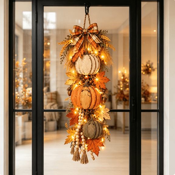 2026 NEW Rustic Wooden Pumpkin Door Hanging with Warm LED Lights, Farmhouse Fall Harvest Decor, Lighted Pumpkin Hanging Ornament for Front Door halloween decorations