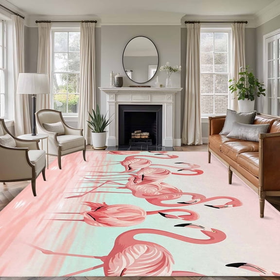 Pink Flamingo Area Rugs 8'x10', Washable Small Throw Rugs for Living Room Patio, Valentine's Day Birds Lake Animals Indoor Outdoor Rug Non-Slip Low Pile Carpet Runner Reversible Floor Mats