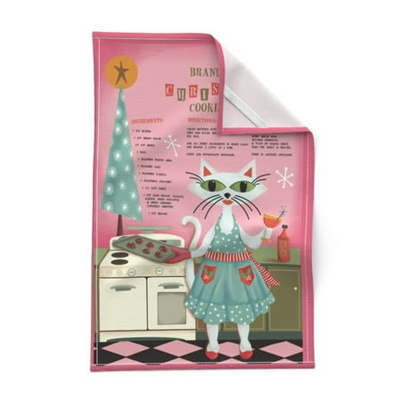 

Printed Tea Towel Linen Cotton Canvas - Recipe Cat Christmas Cookies Pink Retro Winter Holiday Party Festive Print Decorative Kitchen Towel by Spoonflower