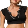 thumbnail image 1 of Women Short Sleeve T-Shirt V Neck Ribbed Knit Crop Top Contrast Color Slim Fitted Casual Basic Tee Top, 1 of 6