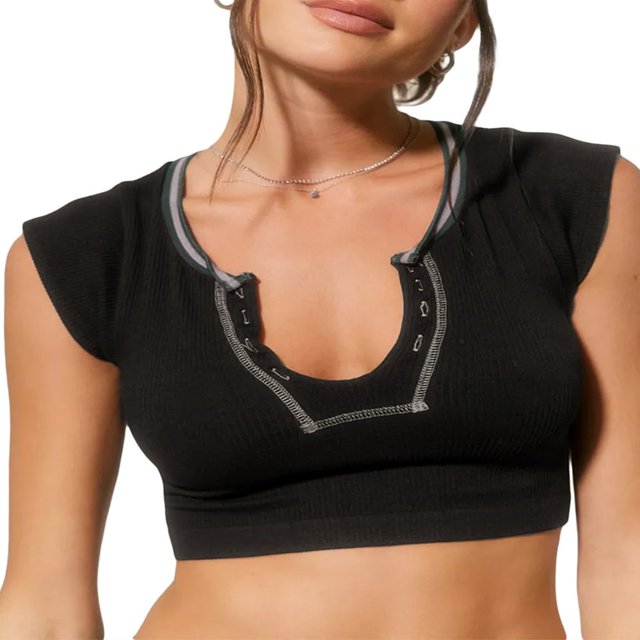 Women Short Sleeve T-Shirt V Neck Ribbed Knit Crop Top Contrast Color Slim Fitted Casual Basic Tee Top