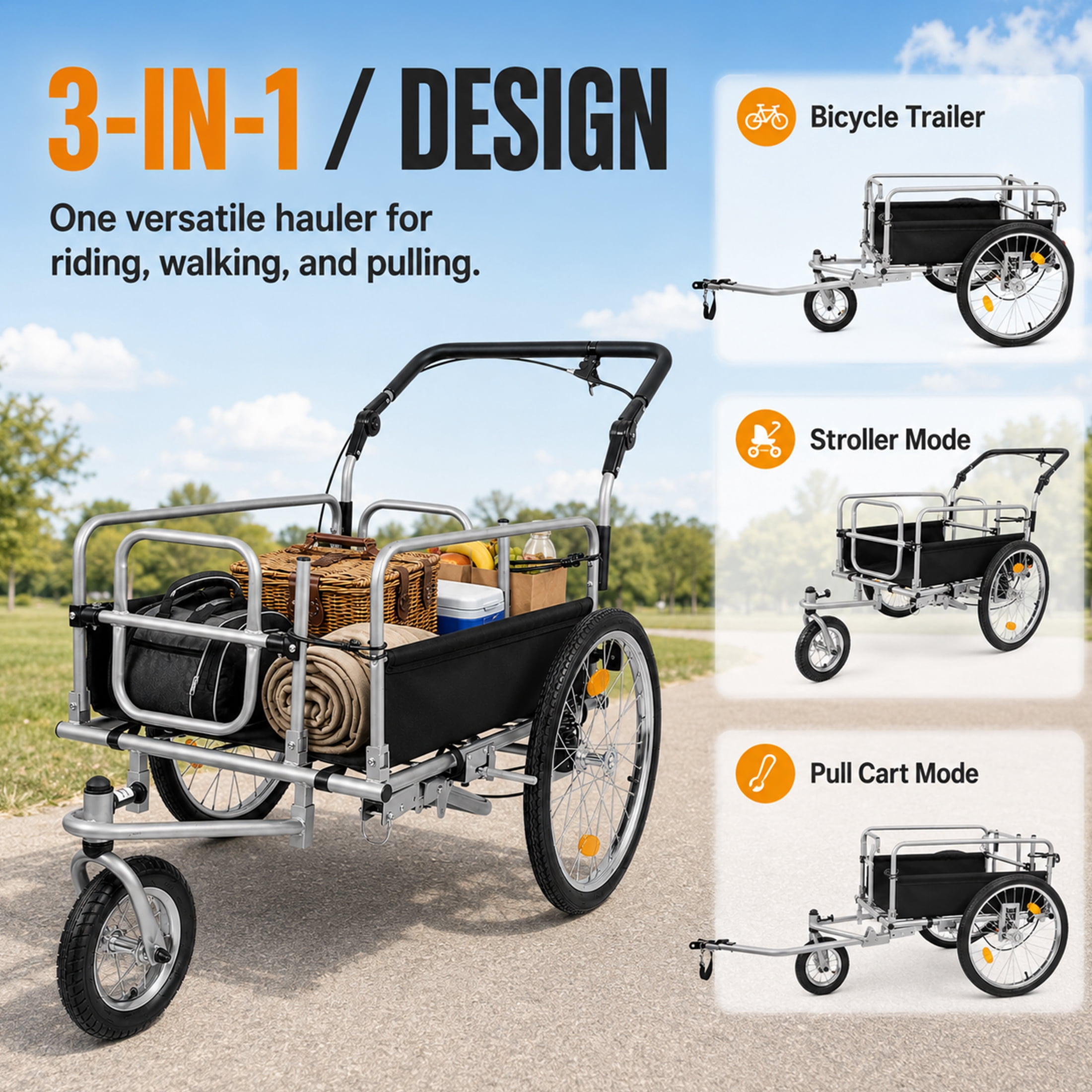 3-in-1 Heavy Duty Bike Cargo Trailer, E-Bike Compatible Bicycle Utility Cart with Stroller & Pull Cart Function, 110 lbs Capacity, Suspension, 20" Wheels, Black Gray