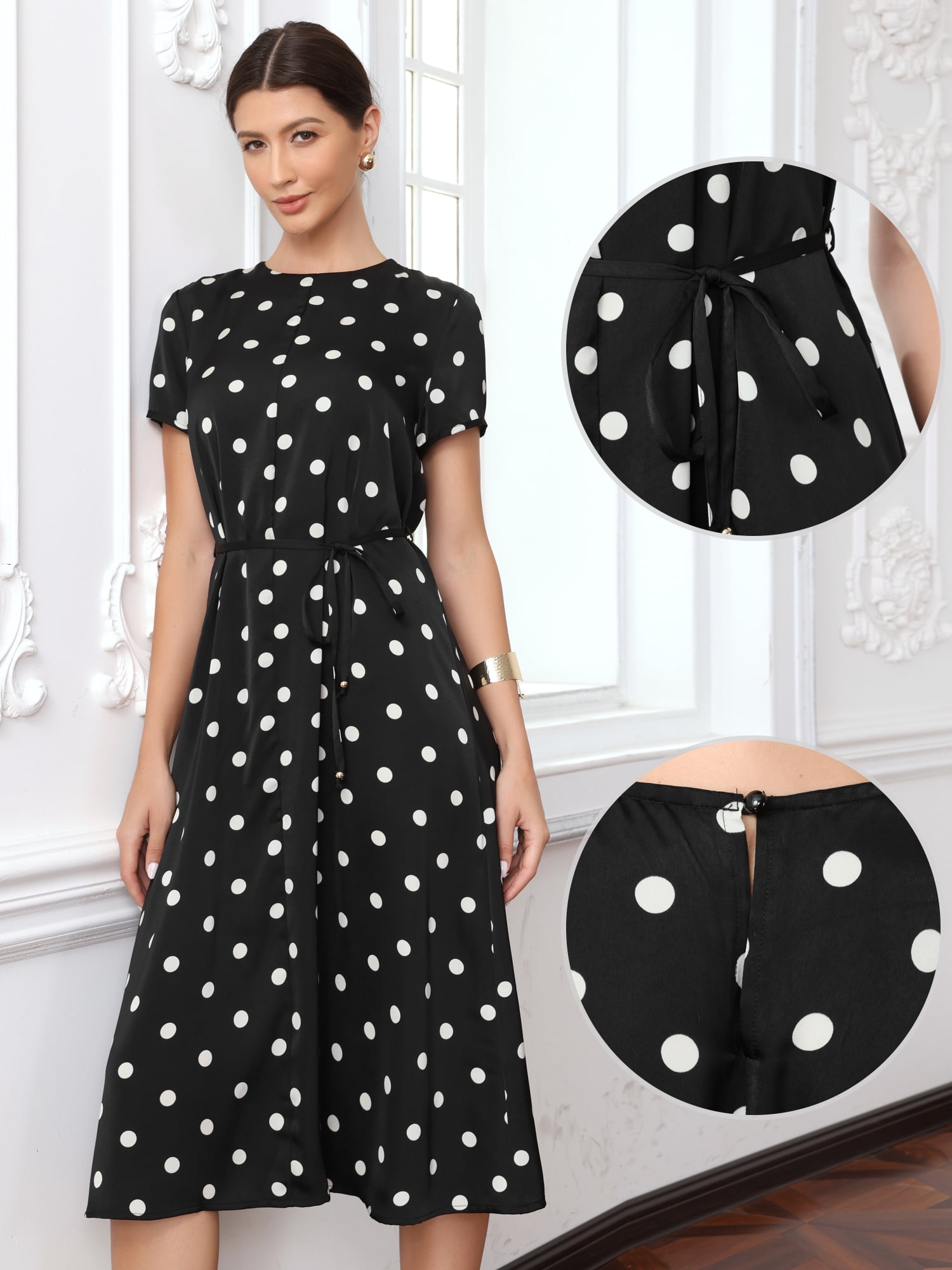 DARING DIVA Women's Polka Dots Short Sleeve Crew Neck Casual Belted Midi Dress M Black
