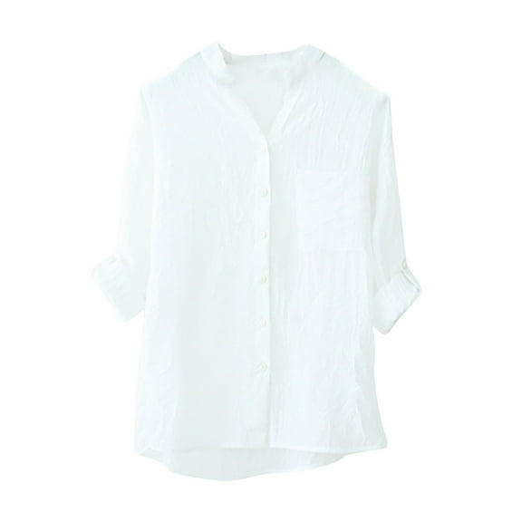 qucoqpe Women's V Neck 3/4 Sleeve Cotton Linen Casual Loose Blouse Tops Shirts on Clearance