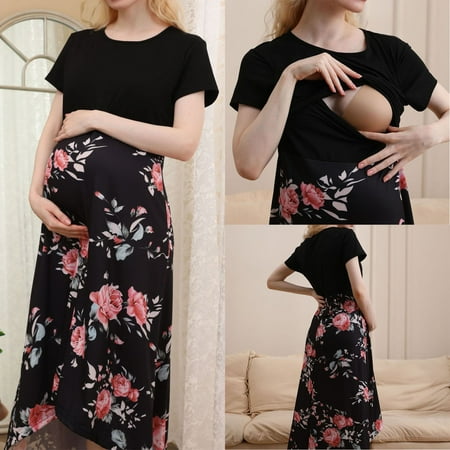 

Sunhillsgrace Maternity Dress Black Dress Maternity Wear Short Sleeve Crew Neck Lactation Dress Floral Summer Dress Women S Lactation Dress