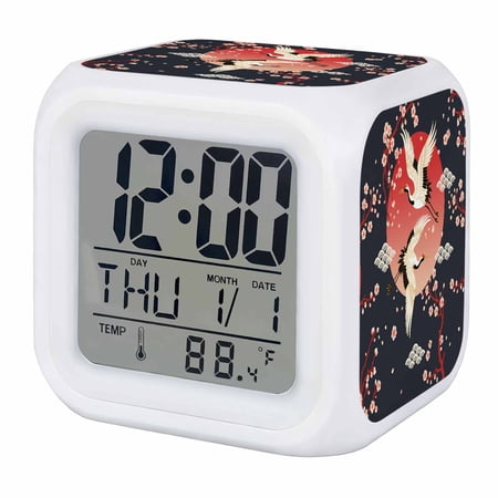 Alarm Clocks Cherry Blossom Crane Digital Clock 7 Color LED Night Light Silent Non-Ticking Battery Operated Japanese Style Cloud Black Cube Clocks for Bedroom Bedside Living Room Office School
