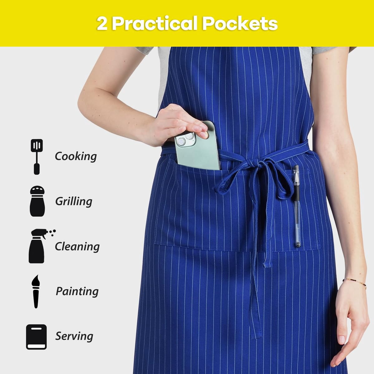 Stripe Stretch Apron for Men Women Chef Big and Tall Large Striped Aprons with Pockets for Kitchen Cooking Waterproof