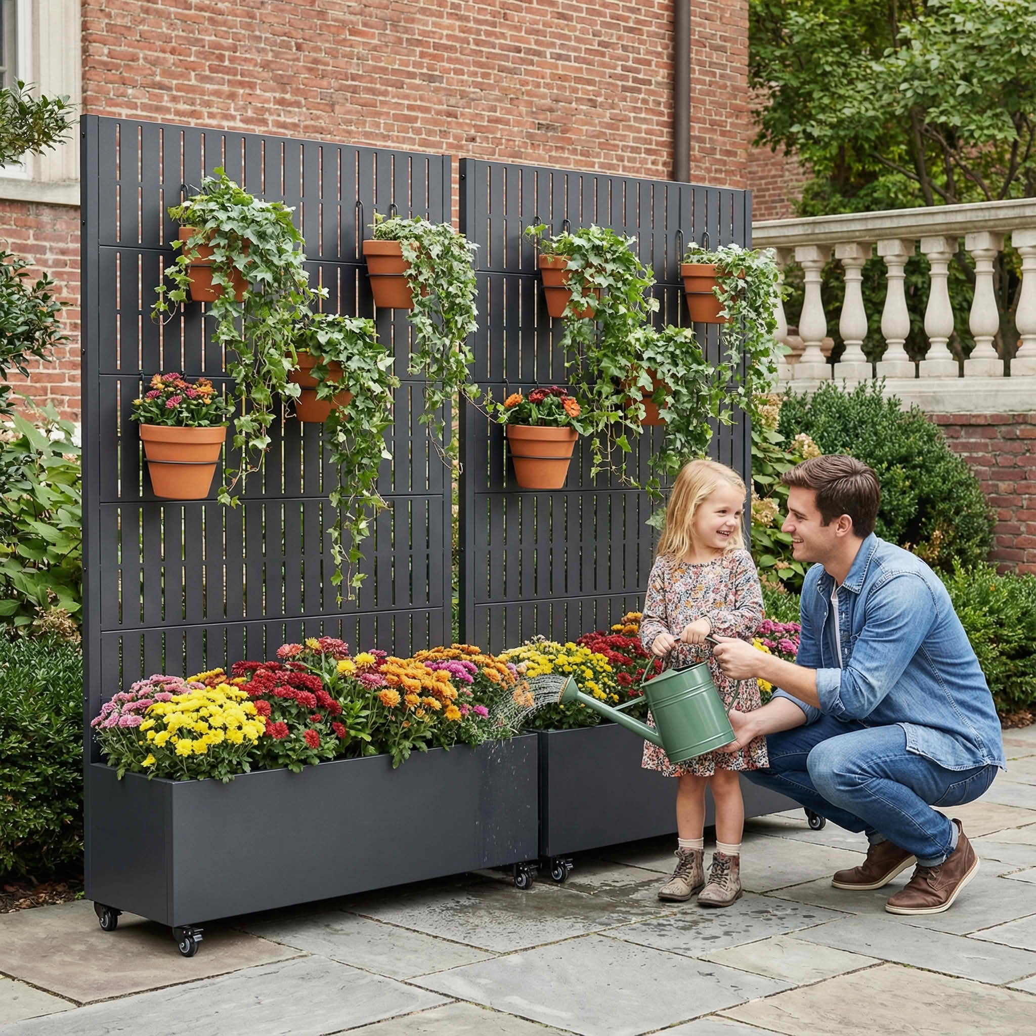 MAYEERTY 72X47" Metal Outdoor Black Privacy Screen with Planter Box for Backyard & Garden, 5 Piece Set, Double‑sided Installation
