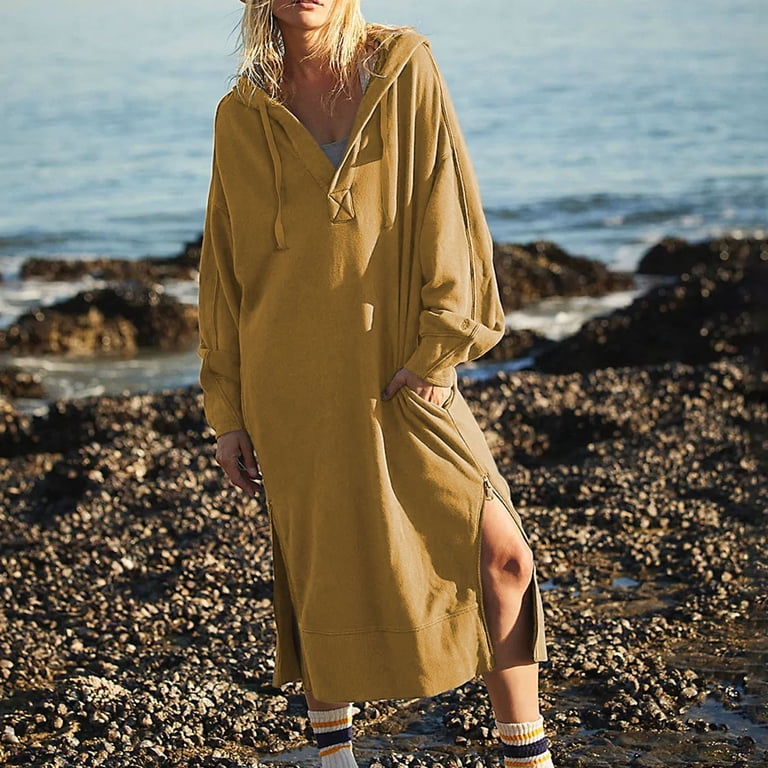 Oversize Sweatshirts Hoodies Dress for Women Long Sleeve V Neck Loose Fit Zipper Side Plus Size Casual Dress with Pocket Beige,L - Walmart.com Oversize Sweatshirts Hoodies Dress for Women Long Sleeve V Neck Loose Fit Zipper Side Plus Size Casual Dress with Pocket Beige,L - Walmart.com