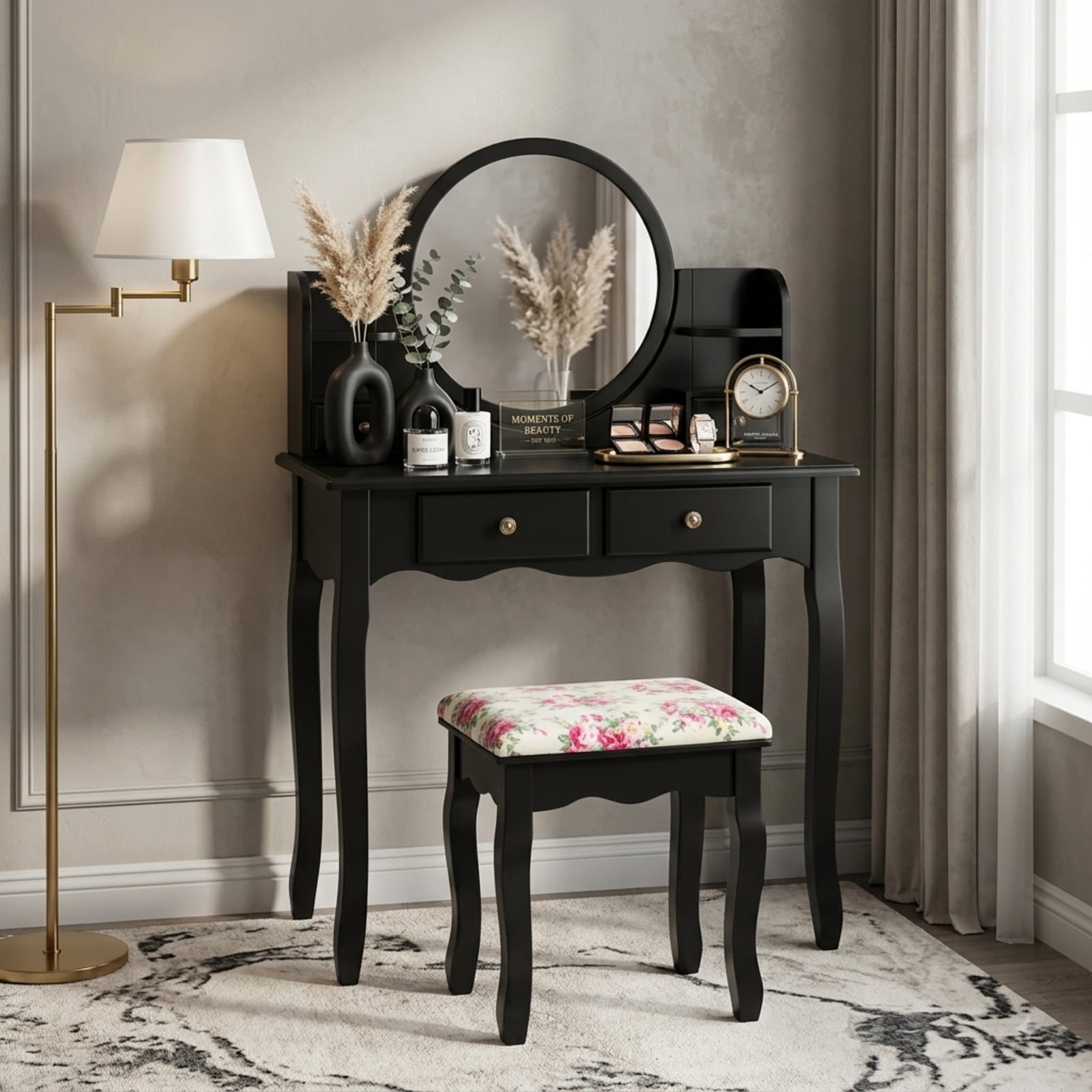 Furnibear Makeup Vanity Table Set Girls Dressing Table with Drawers Oval Mirror for Bedroom Makeup Dressing Room Vanity Desk Mirror Set, Black