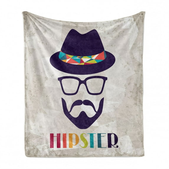 Hipster Soft Flannel Fleece Blanket, Abstract Man in a Hat Portrait with Glasses Mustache and Beard on Grunge Background, Cozy Plush for Indoor and Outdoor Use, 70" x 90", Multicolor, by Ambesonne