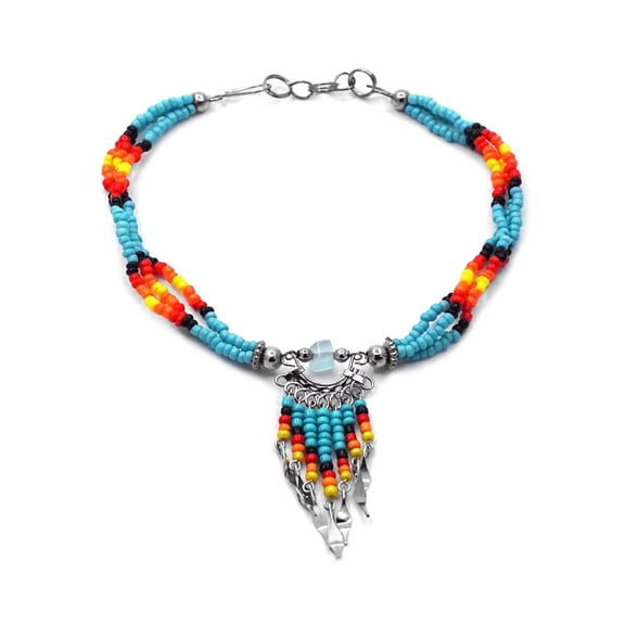 Native Inspired Chip Stone Seed Beaded Dangle Multi Strand Anklet - Womens Fashion Handmade Jewelry Boho Accessories