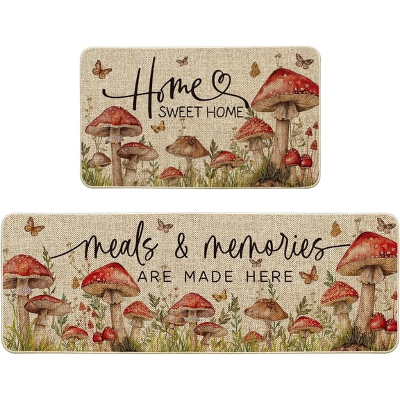 White Mushrooms Floral Leaves Spring Kitchen Mats Set of 2, Home Decor Low-Profile Kitchen Rugs for Floor - 17x29 and 17x47 Inch