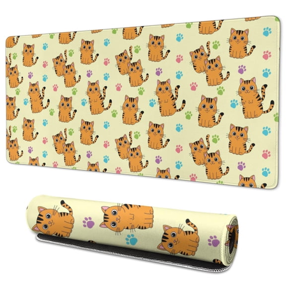 35.4x15.7 Inch Gaming Mouse Pad, Non-Slip Stitched Rubber Desk Mat for Desktop & Laptop,Cat Paw Print Orange Pattern