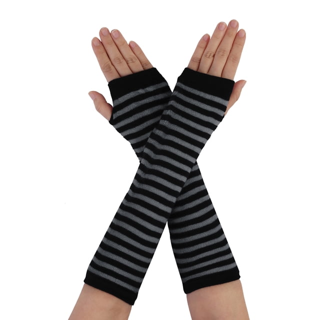 Unique Bargains Paire de Gants Chauffants pour Femmes en Tricot Sans Doigts à Rayures Imprimées Longueur Coude