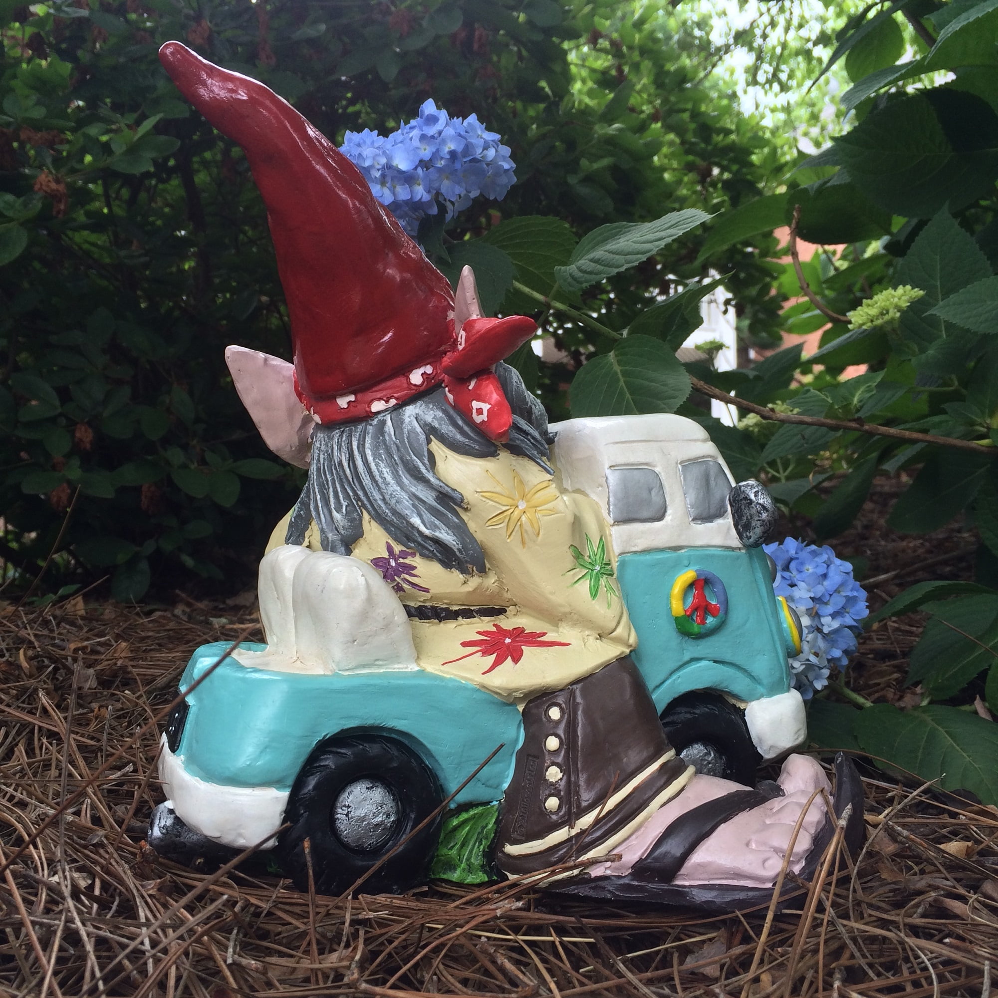 Nowaday Gnomes - The 60's Jerry "Peace Man" Hippie Gnome Riding in His VW Bus Home & Garden Gnome Statue 11"H