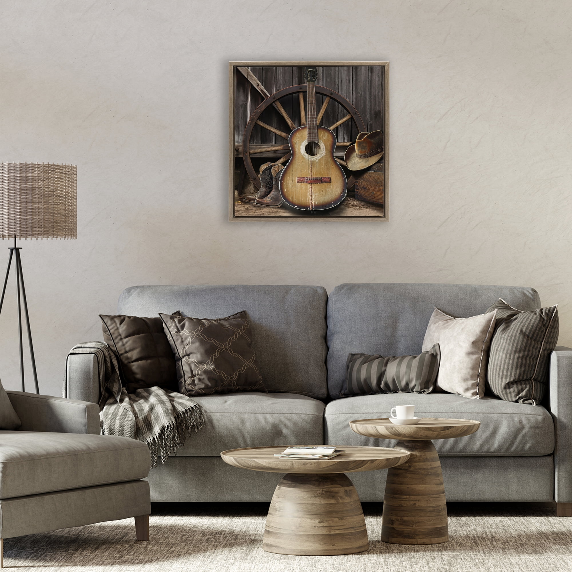 Stupell Industries Rustic Western Guitar with Hat Brown Framed Floater Canvas Wall Art, design by CAD Designs