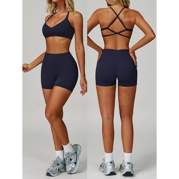 PISONIC 2pcs Women's High-Waisted Yoga Gym Swim-Free Running & Cycling Sports Set - Low-Rise Vest & Matching Shorts, Breathable Workout Outfit, All-Season Athletic Wear