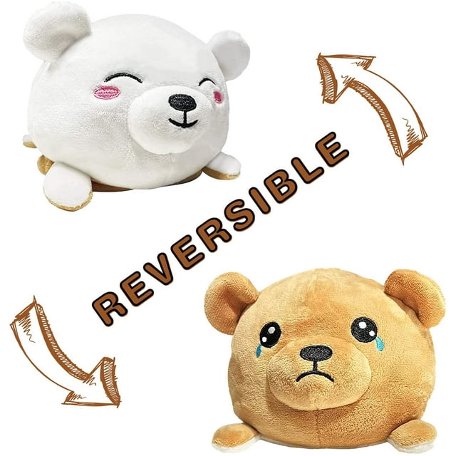 Juguetes de oso de peluche Reversible, bellamente cosidos, peluche de estado de ánimo Reversible, tapa de doble cara | Muestra tu estado de ánimo | Triste Feliz, Blanco Marrón.3.5 pulgadas