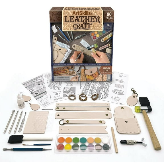 ArtSkills Leather Working Kit, Leather Tooling Kit with Tools, Leather Stamps, Leather for Crafts, Adult Project Kits, 80 pc