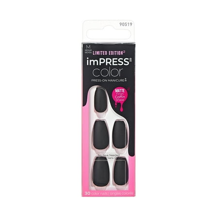 KISS imPRESS Color Press-On Manicure Halloween, Black, Medium Length, Coffin Shape, 'Thriller Night', 33 Ct.
