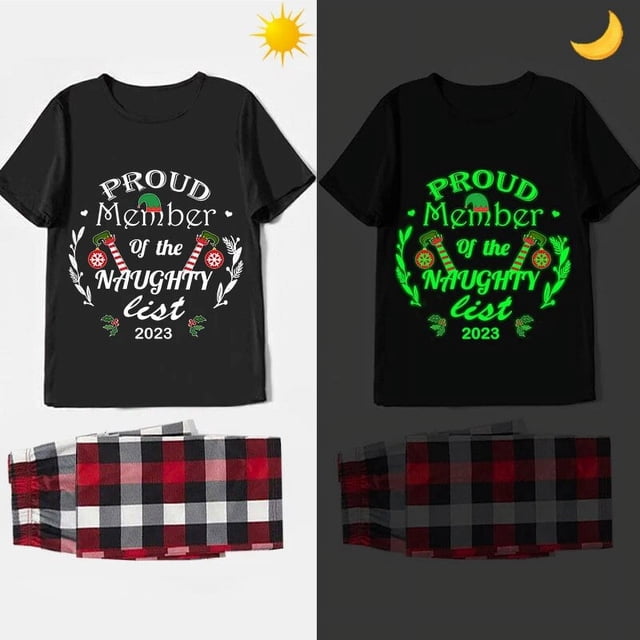Pijama familiar luminoso a juego para Navidad, conjunto de pijama corto negro, miembro orgulloso de la lista traviesa, 2023