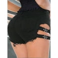thumbnail image 3 of Women's Hot Pants with Thigh Strap Buckles Frayed Hem Sexy Chic Denim Shorts, 3 of 5
