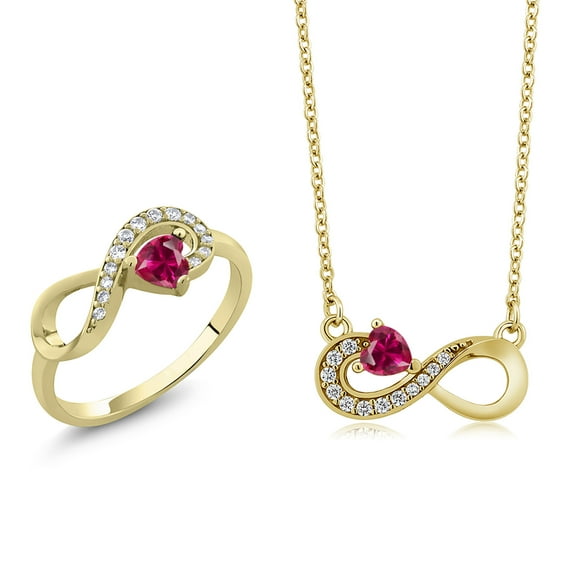Gem Stone King 18K Yellow Gold Plated Silver Red Created Ruby Infinity Ring Earrings Pendant Jewelry Set for Women (0.85 Cttw, Gemstone July Birthstone, Heart 4MM, with 18 inch Silver Chain)