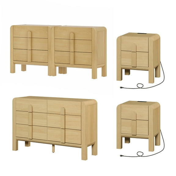 WAMPAT 5 Pcs Bedroom Set, Wooden Dresser and Nightstand Sets, Night Stand Set of 2, 12 Drawer Dresser with Curved Profile Design, Mid Century Modern Dresser Set