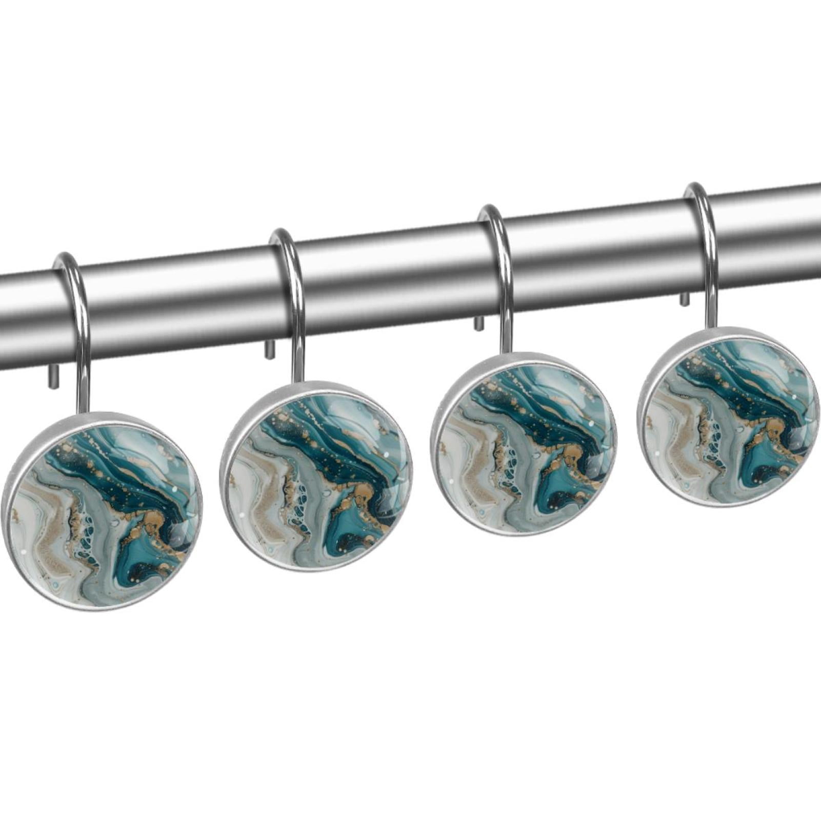 12 Pack Round Shower Curtain Hooks Crystal Glass Shower Rings Blue Gold Marble Texture Curtain Hooks Home Decoration