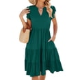 thumbnail image 2 of Women'S Summer Dress V Neck Short Sleeve Midi Sundress Flowy Tiered Beach Dresses with Pockets Dark Green S, 2 of 9