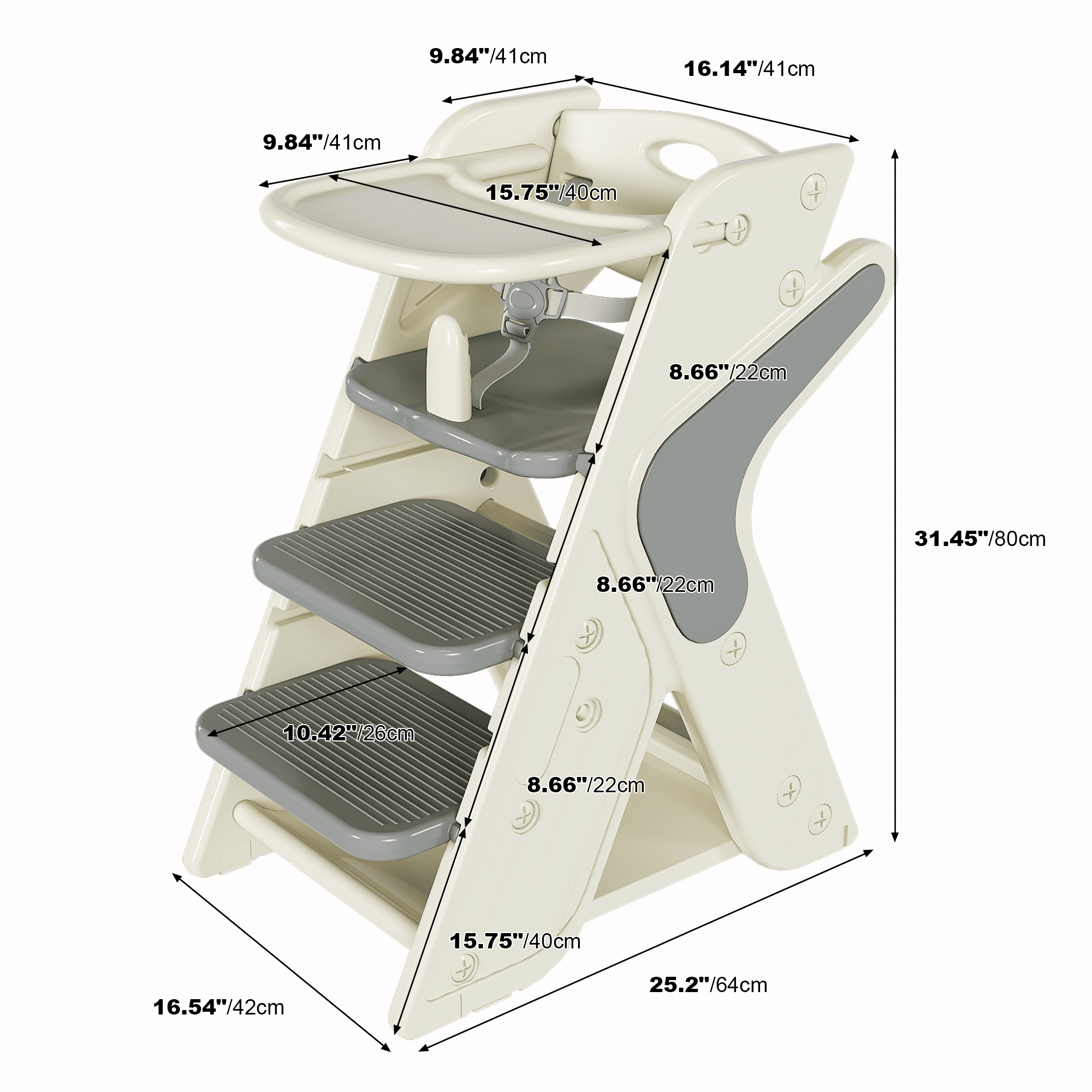 Wohh 3 in 1 Multi Functional Growing Up Dining Chair for Eating, Convertible Baby High Chair Toddler Learning Tower & Step Stool, Adjustable Height with 5-Point Harness, Removable Tray(Grey)