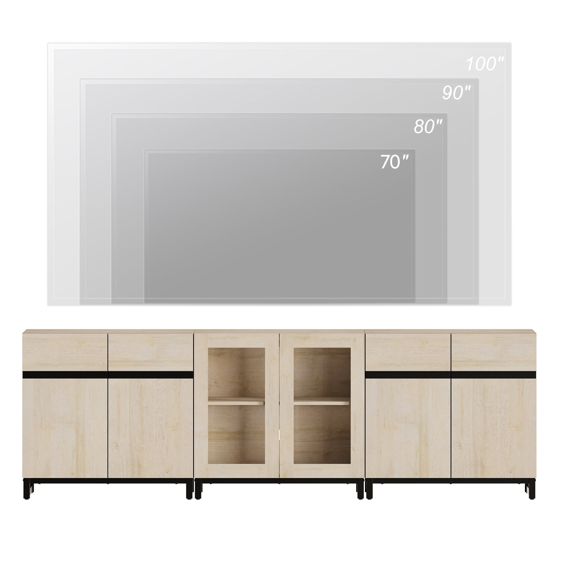 3 In 1 TV Stand For Tvs Up To 100 Inch, Modern Entertainment Center With Glass Doors And Metal Legs, TV Console With Adjustable Shelf For Living Room, Bedroom,Beige