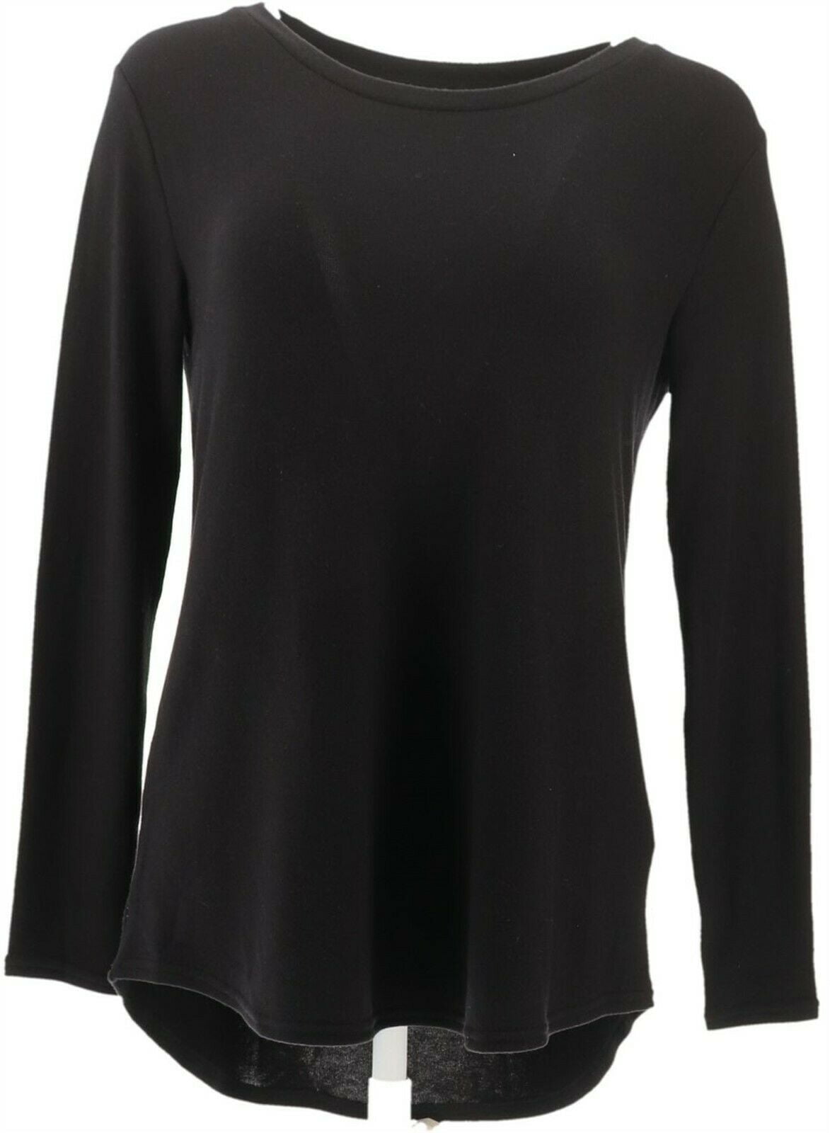 Lisa Rinna Collection Hacci Knit Curved Hem Long Slv Top Black M NEW A341720