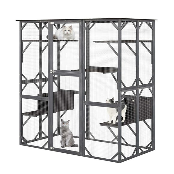 Costway Large Wooden Cat House 71" Indoor Outdoor Weatherproof Catio Kitten Enclosure