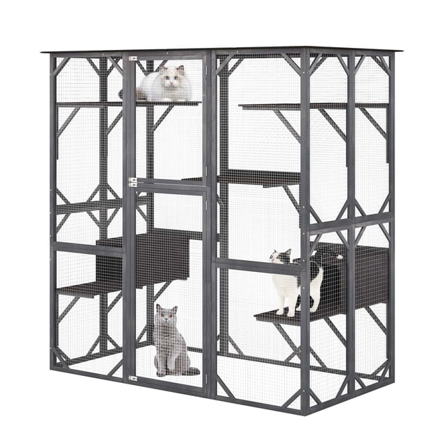 Costway Grande Maisonnette pour Chat en Bois 71 Pouces Intérieur Extérieur Étanche Catio Enclos pour Chaton