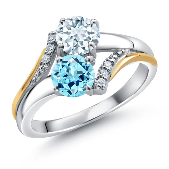 Gem Stone King 10K Yellow Gold and 925 Silver Blue Apatite and Sky Blue Aquamarine and White Lab Grown Diamond Accent Engagement Ring for Women (1.02 Cttw, Gemstone, Round 5MM, Size 7)