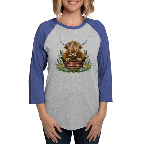 CafePress - Highland Cow Sitting In A Metal Women's Baseball T Shirt - Womens Baseball Tee