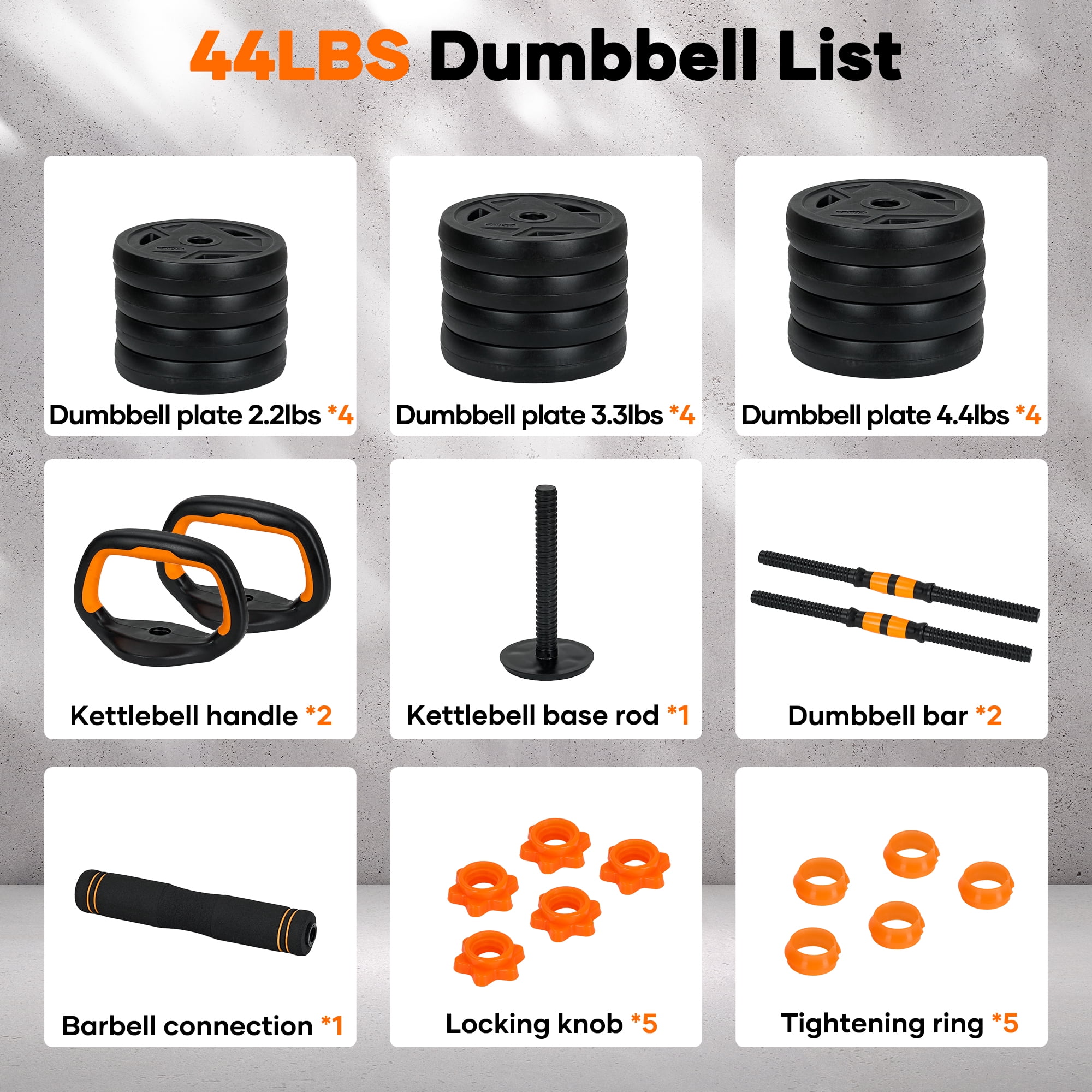 Naipo 44lb Adjustable Dumbbell Set 4 In 1 To Kettlebell Barbell and Push Up Stand Home Gym Weights Dumbbells for Beginners Youth Women Space Saving Workout Equipment