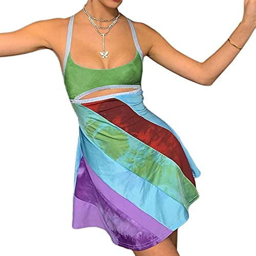Mini vestido sexy con cuello halter y recorte para mujer Y2K Rainbow Girl Printed Backless Lace Up Bodycon Dress Vestidos de playa tropical Fokelyi WRLF-96-2
